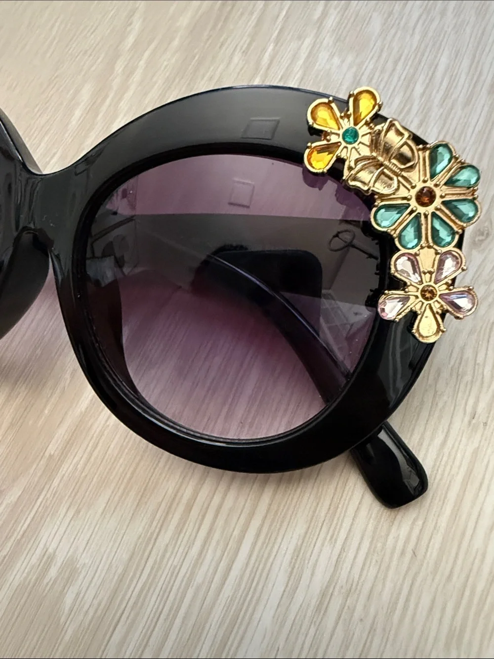 Betsey Johnson Black Sunglasses with Gold & Multi-Color Floral Gems